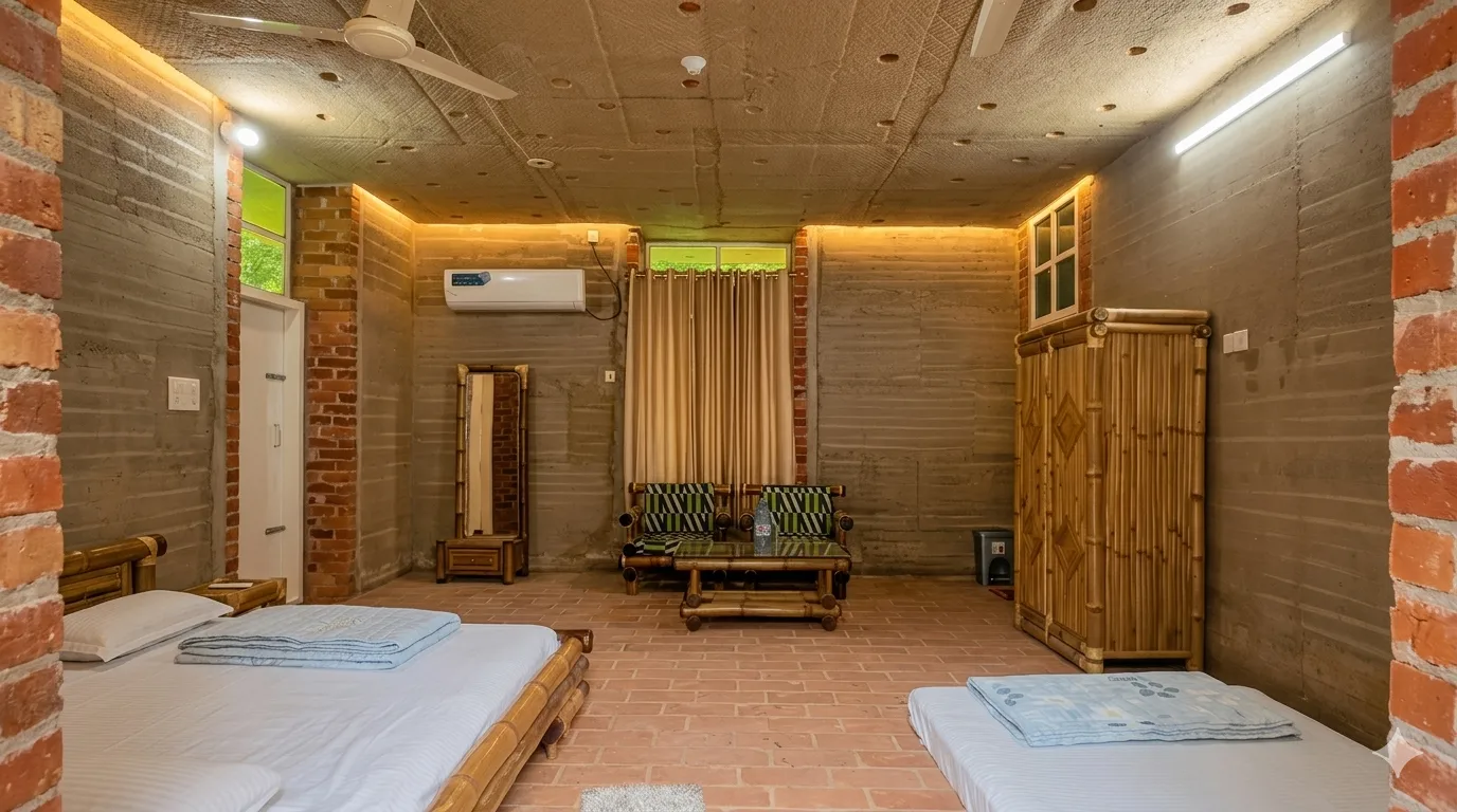 The Monsoon Villa terrace overlooking green hills at Niruddesh Eco-Resort, Sreemangal